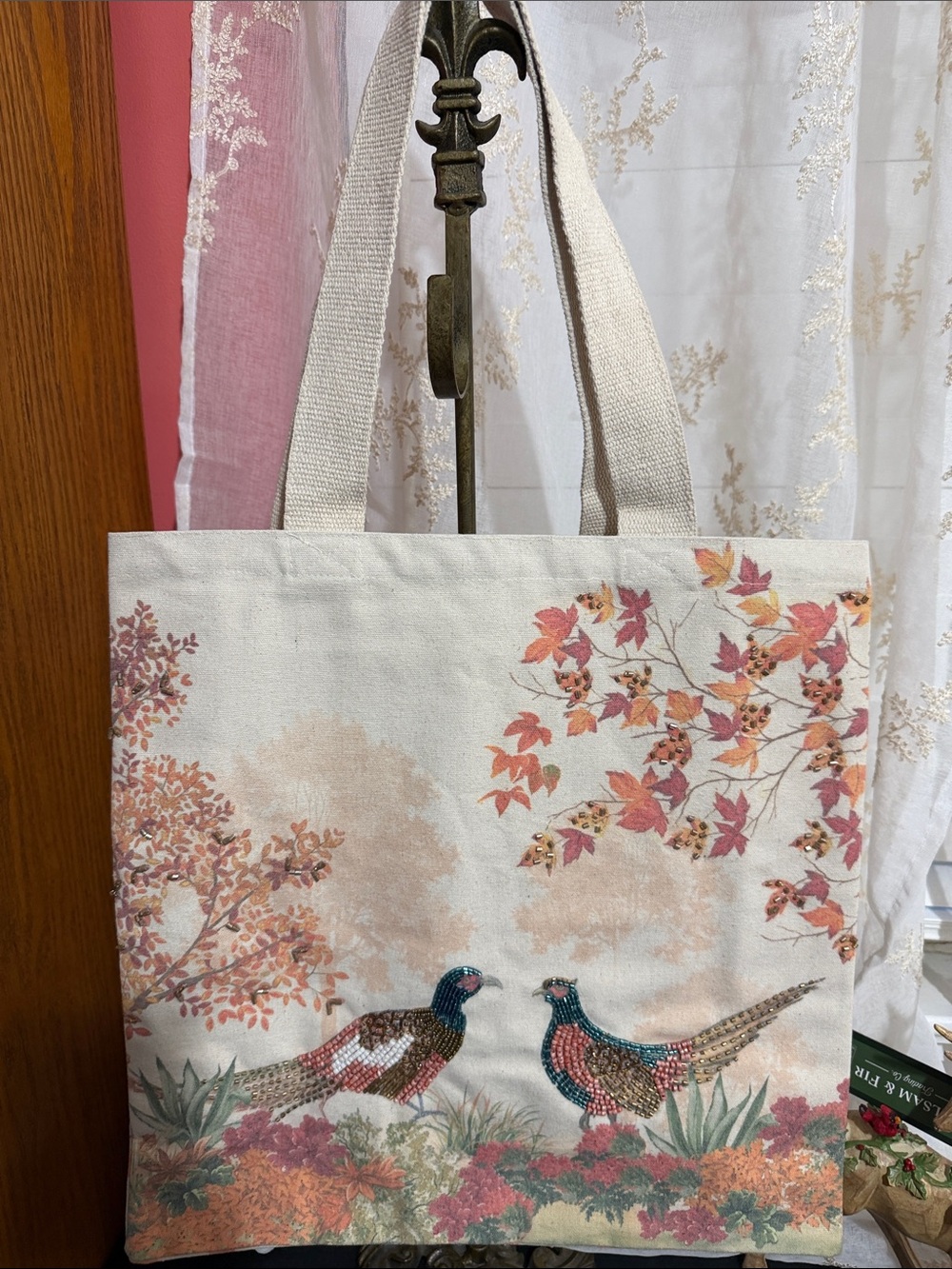 Fall pheasant beaded canvas tote bag